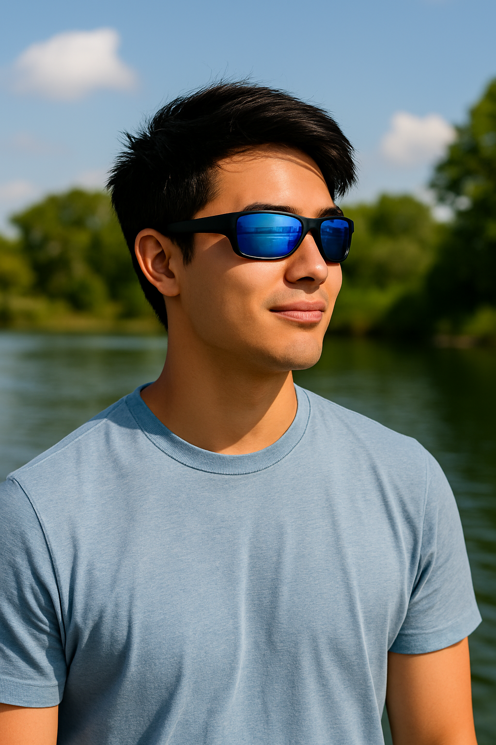 Man wearing E3 Optics E16 floating polarized sunglasses while relaxing outdoors by the water.
