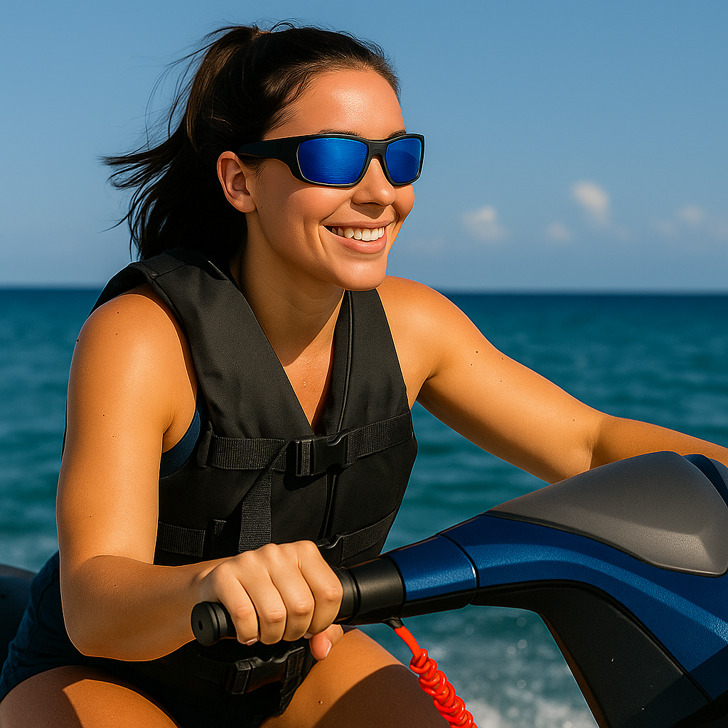 Woman riding a jet ski wearing E3 Optics E16 floating polarized sunglasses for watersports protection.