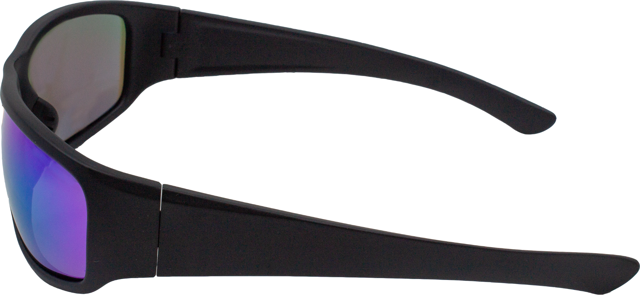 E3 Optics E16 polarized sunglasses side profile with floating frame and blue mirrored lenses.

