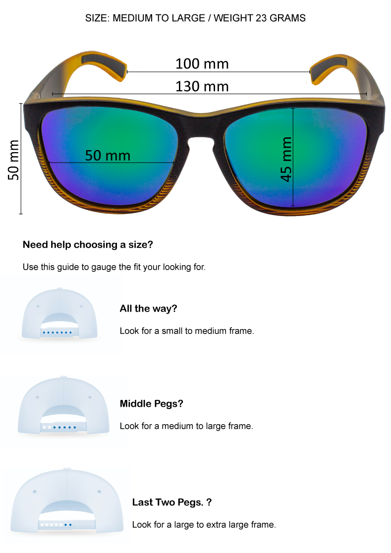 Sunglasses with size guide measurements on a white background