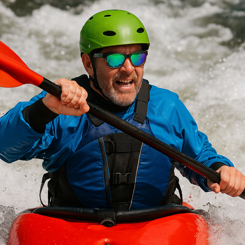 Man kayaking wearing E3 Optics E17 floating polarized sunglasses designed for water sports protection.