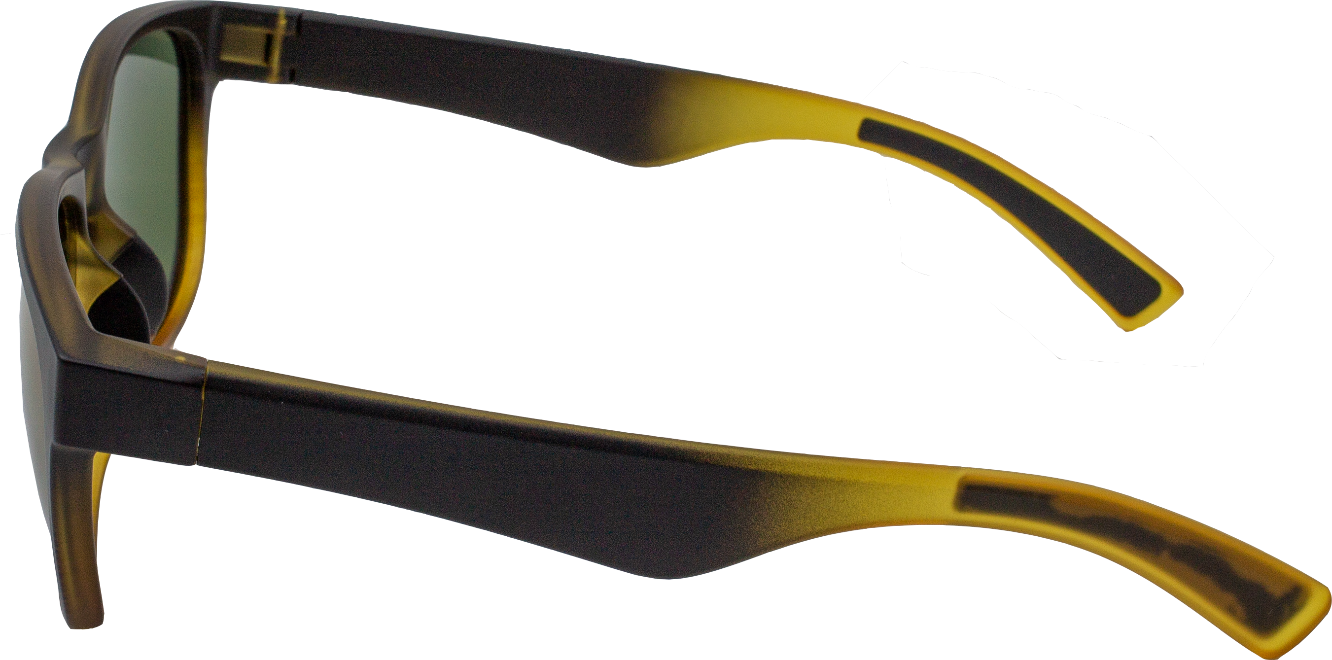 E3 Optics E17 floating polarized sunglasses side angle highlighting flexible floating frame arms.