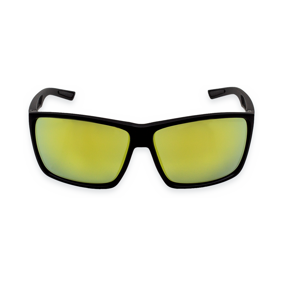 Black square sunglasses with mirrored yellow-green lenses, shown from the front on a plain white background.