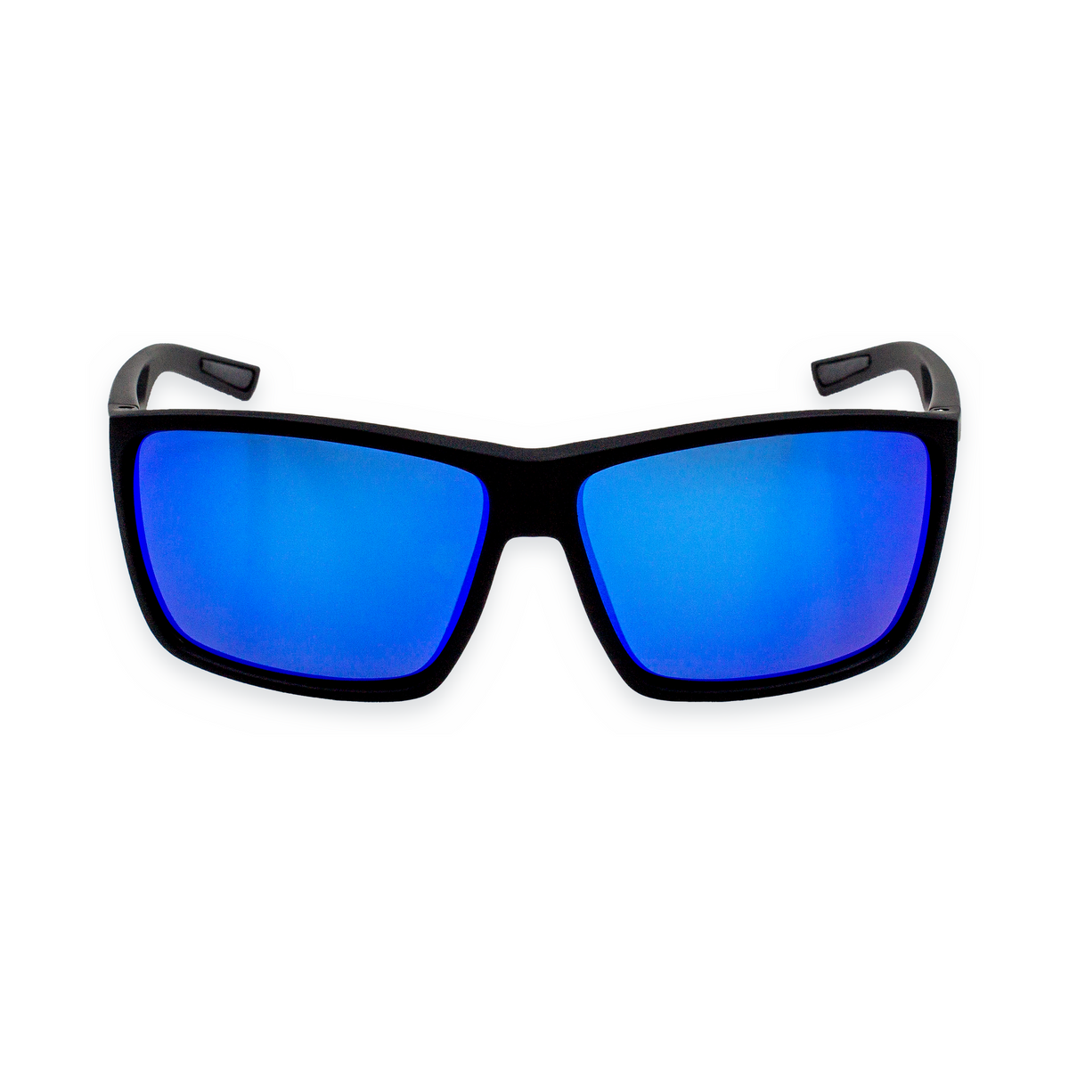 Black square sunglasses with vibrant blue mirrored lenses, shown from a front-facing perspective on a solid white background.