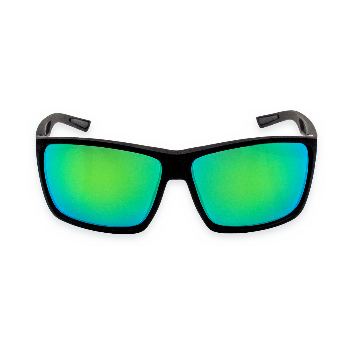 Black square sunglasses with vibrant green and blue mirrored lenses, shown against a plain white background.