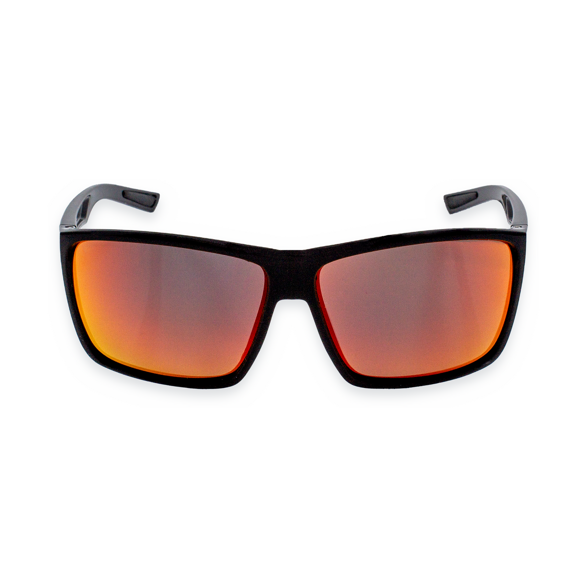 A pair of square sunglasses with a thick black frame and vibrant orange-to-red mirrored lenses, shown against a plain white background.