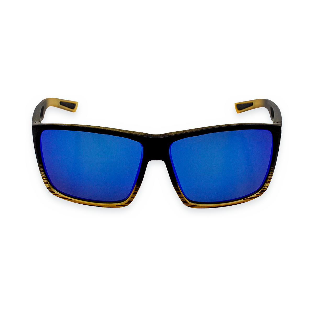 Square sunglasses with a glossy black frame, gold-toned trim accents, and vibrant blue mirrored lenses, shown against a plain white background.