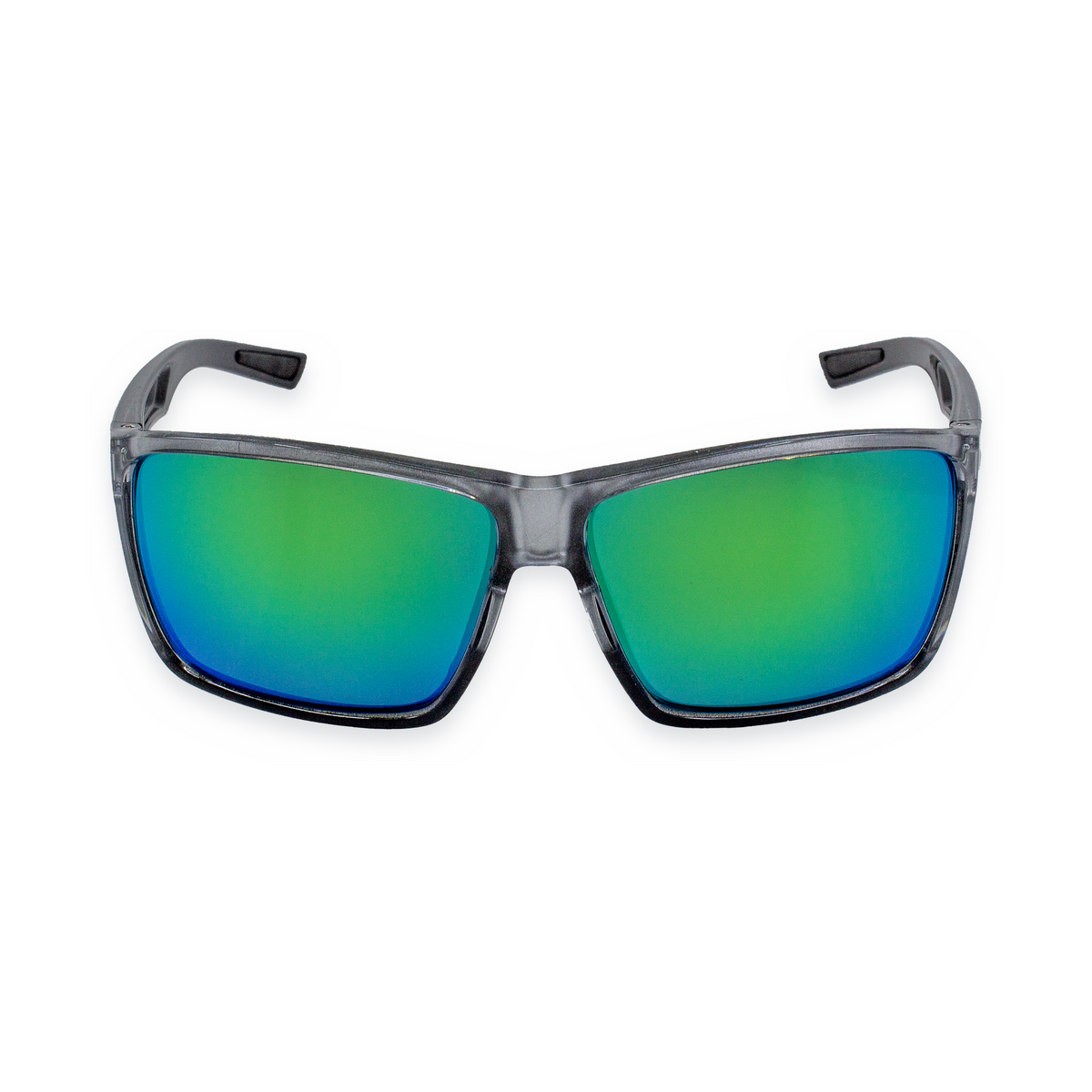 A pair of sport sunglasses with a translucent dark gray frame and mirrored lenses reflecting green and blue tones, shown against a plain white background.