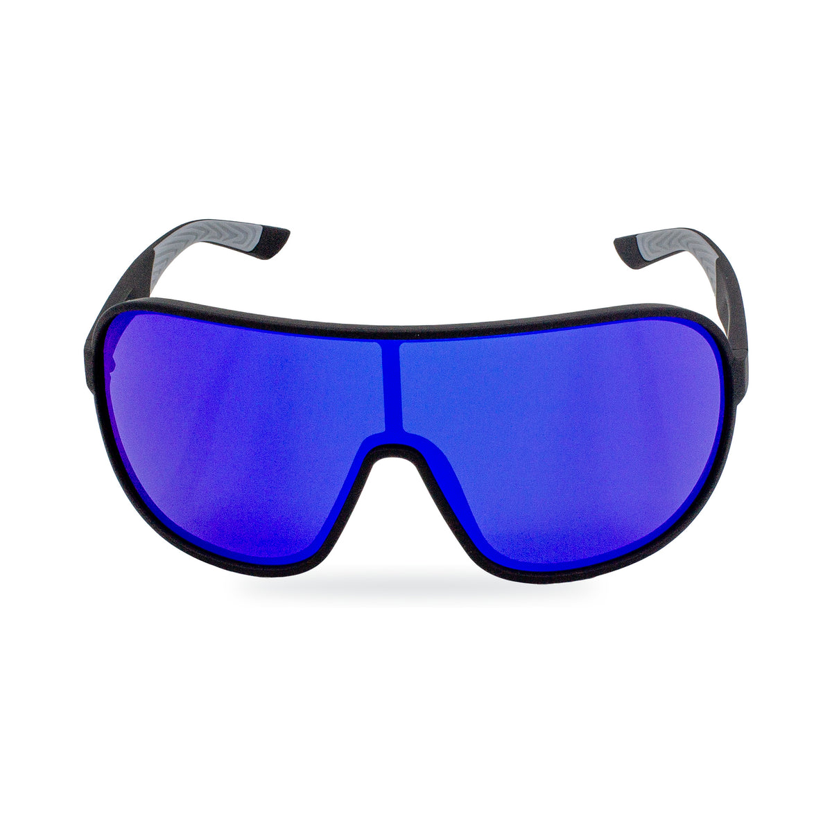Shield-style sunglasses with a matte black frame and large mirrored blue lenses, shown on a clean white background.