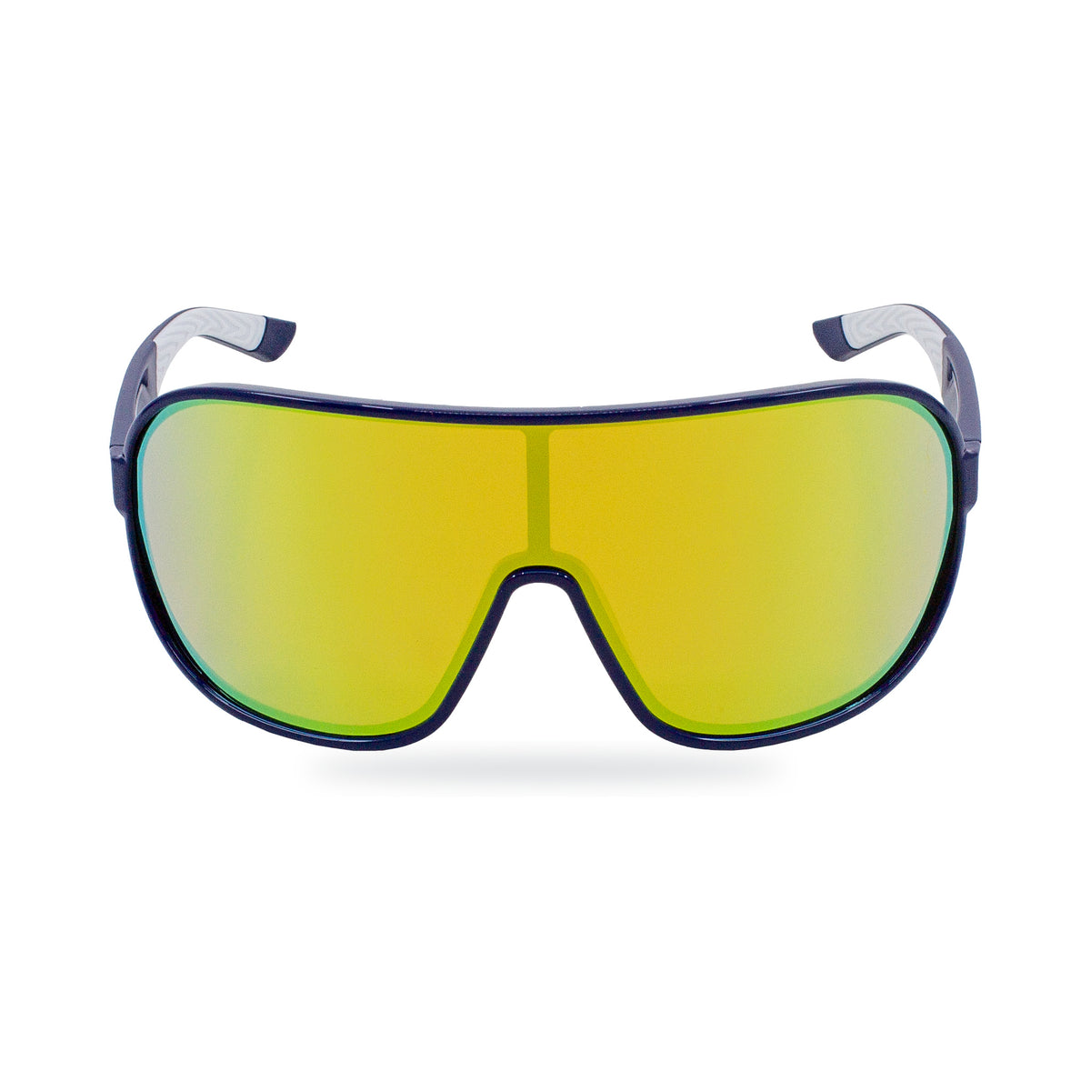 Shield-style shield sunglasses with a dark navy blue frame and a large mirrored yellow-to-green lens, shown against a plain white background.