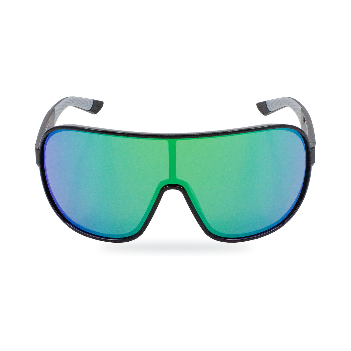 Shield-style shield sunglasses with a matte black frame and mirrored lenses that transition from green to blue, shown on a white background.