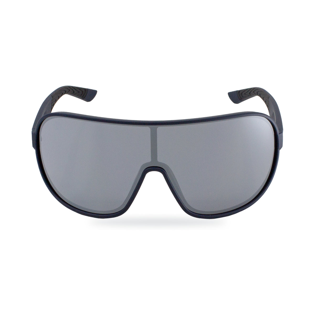Shield-style safety sunglasses with a matte black frame and large gray mirrored lenses, shown on a clean white background.