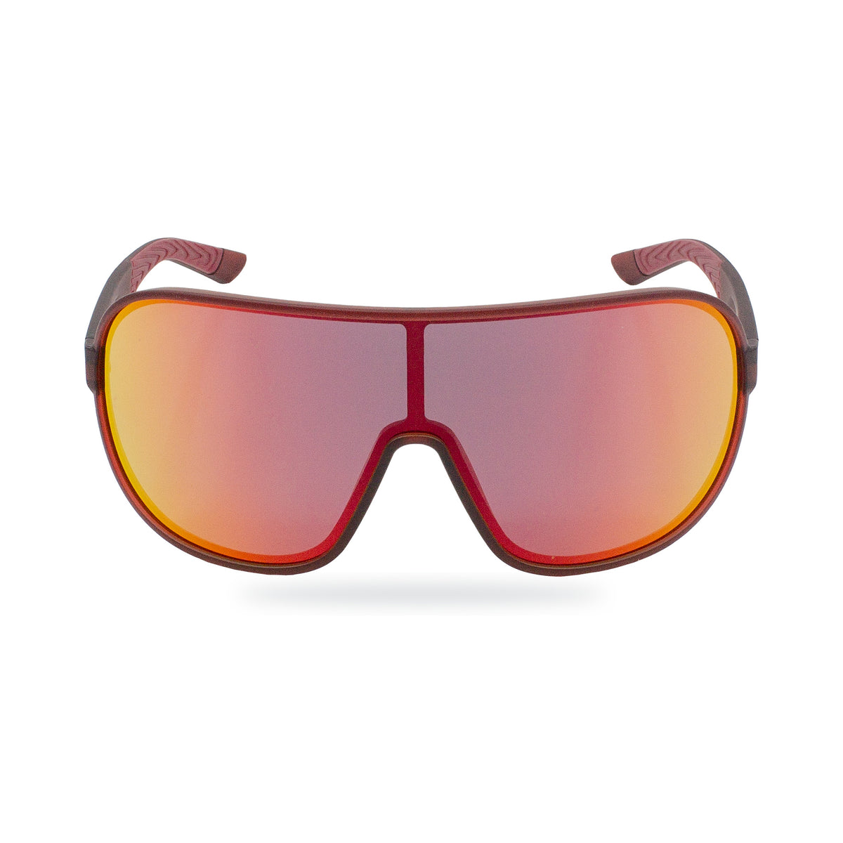 Shield-style wraparound sunglasses with a translucent dark red frame and mirrored lenses that shift from orange to pink to red, shown on a clean white background.