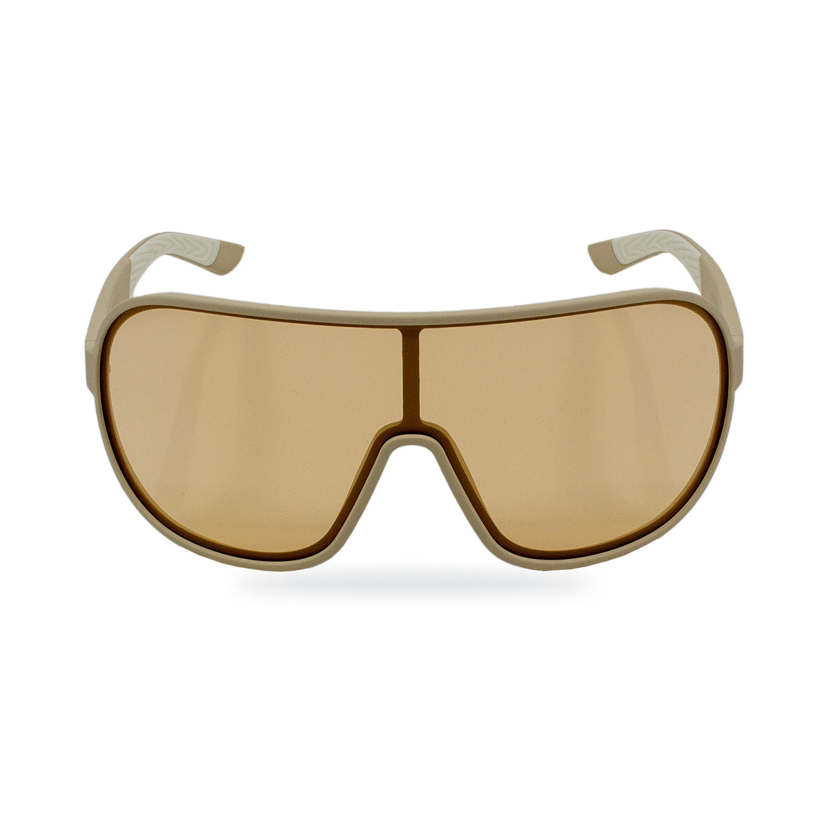 A pair of shield-style sunglasses with a matte beige frame and warm brown-tinted lenses, shown against a plain white background.