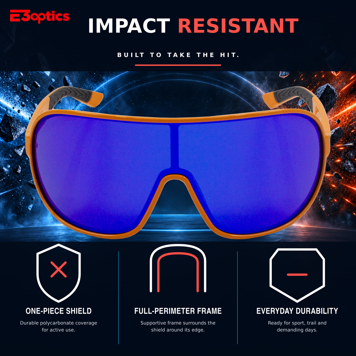 E3optics impact-resistant sport sunglasses with a bright orange frame and blue-purple reflective lenses, shown against a dark space-themed background with text highlighting durability and features.