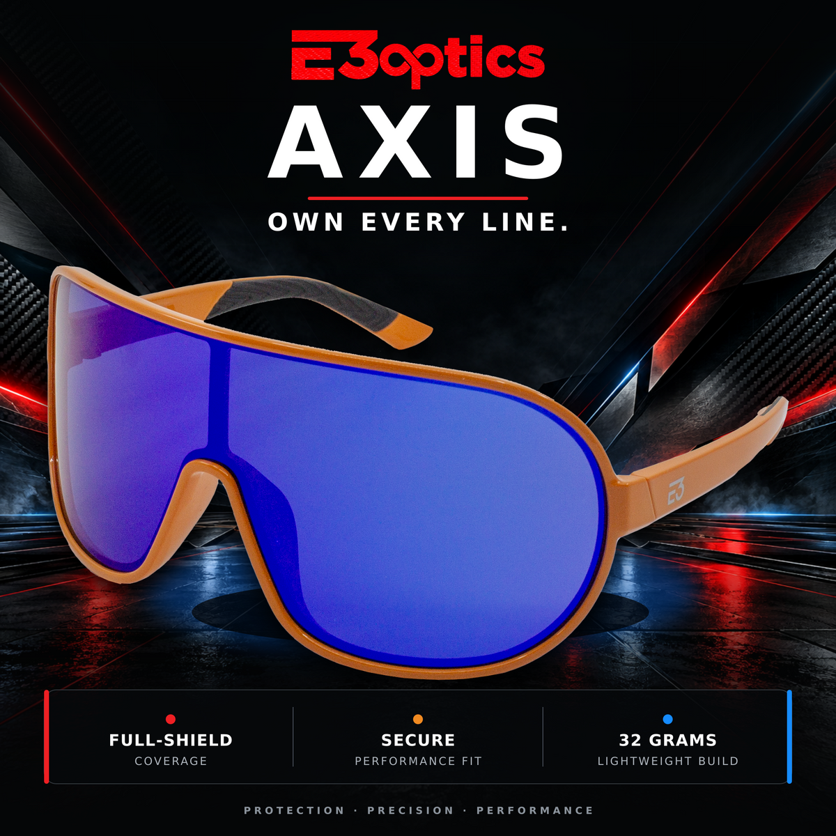 E3optics Axis shield-style sunglasses with a tan-orange frame and blue mirrored lenses, shown in a dark promotional graphic with the text 'E3optics AXIS OWN EVERY LINE.' and feature callouts below.