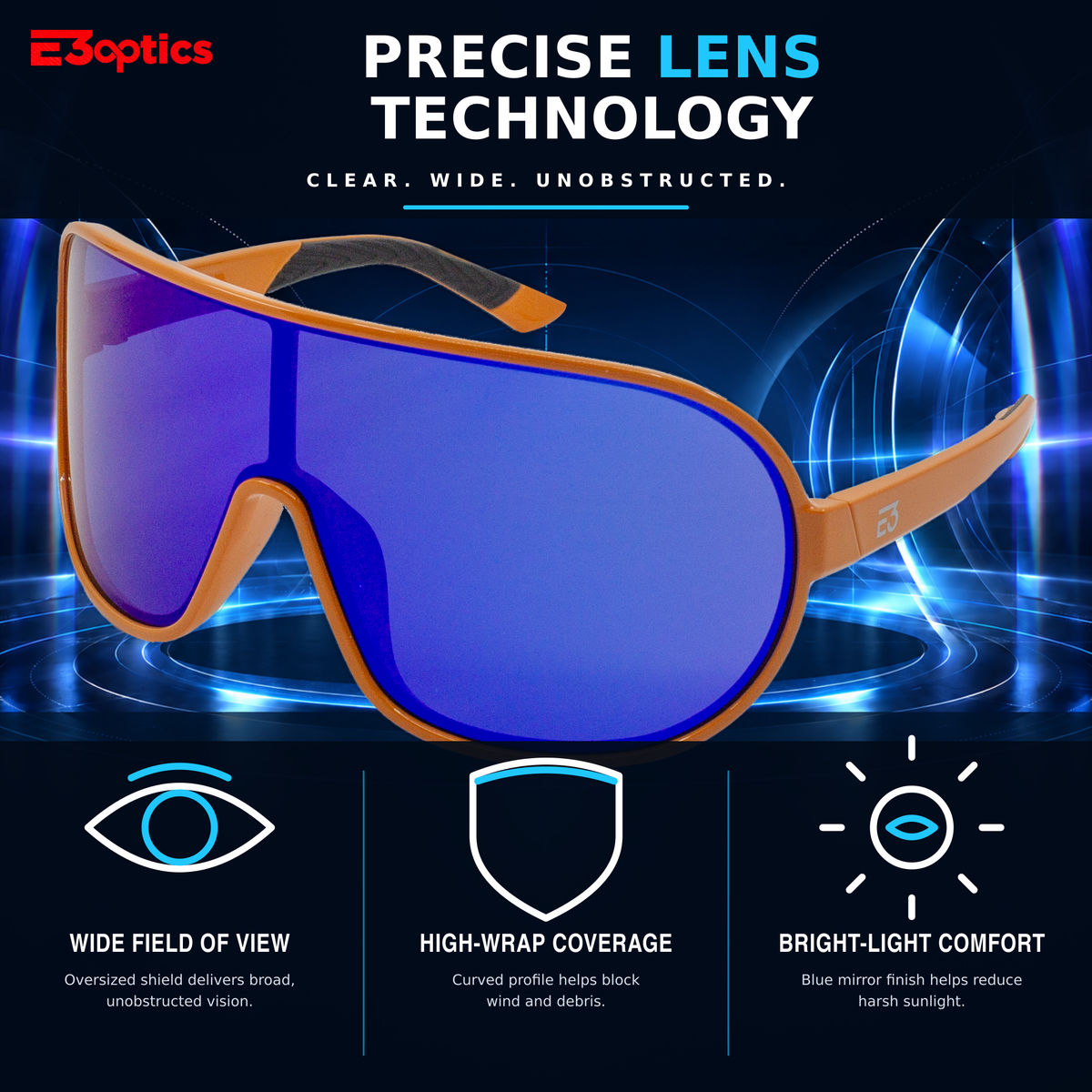 E3optics shield-style sports sunglasses with a tan frame and blue mirrored lenses, shown on a dark blue promotional background with text highlighting precise lens technology and three feature callouts below.