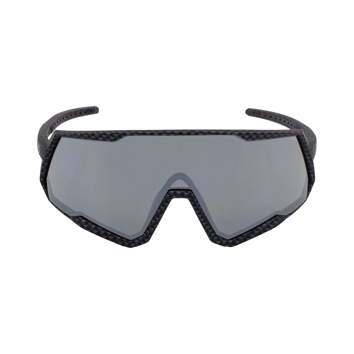 A pair of shield-style sports sunglasses with a black and dark gray carbon fiber patterned frame and a large mirrored gray lens, shown against a plain white background.