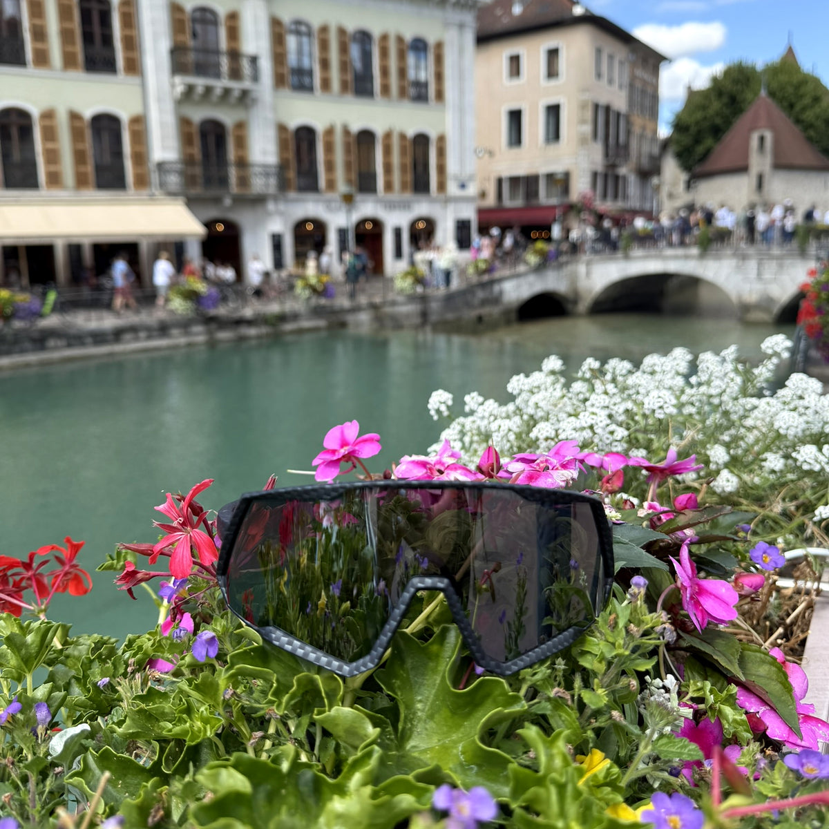 Black shield-style sunglasses with dark mirrored lenses resting in a bed of pink, red, and white flowers in the foreground, with a blurred canal, historic buildings, and a stone bridge in the background.