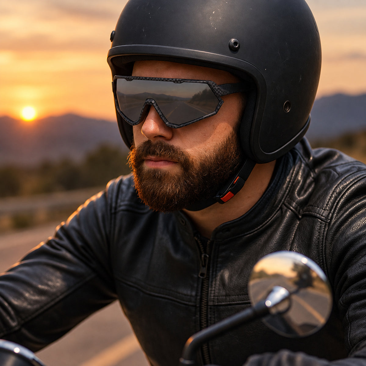 A close-up of a bearded man wearing a black motorcycle helmet, black aviator-style sunglasses, and a black leather jacket, riding a motorcycle on a road during sunset with mountains in the background.