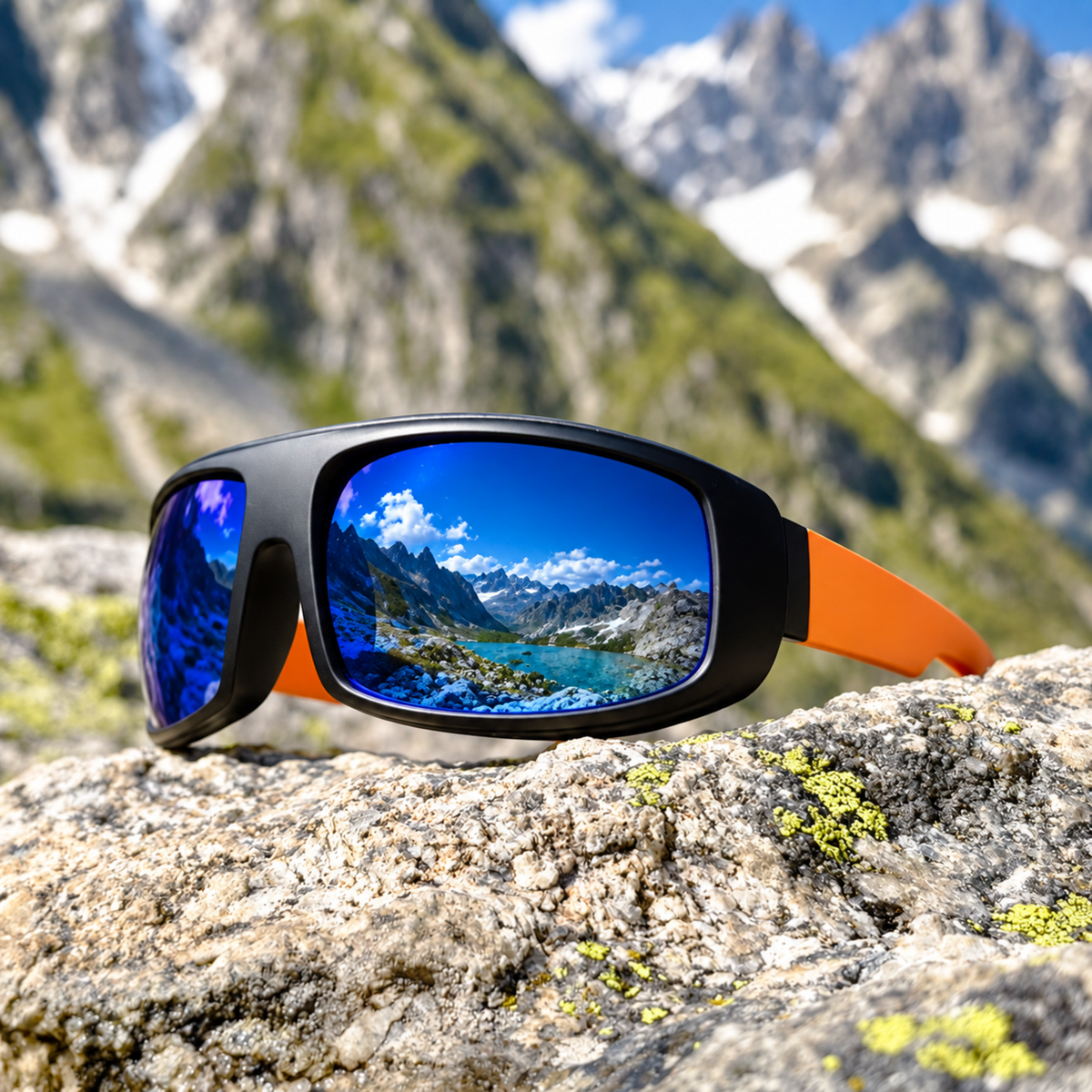 Black sunglasses with orange temple arms resting on a rocky mountain surface, with a blurred alpine landscape in the background and a scenic lake reflection visible in the lenses.