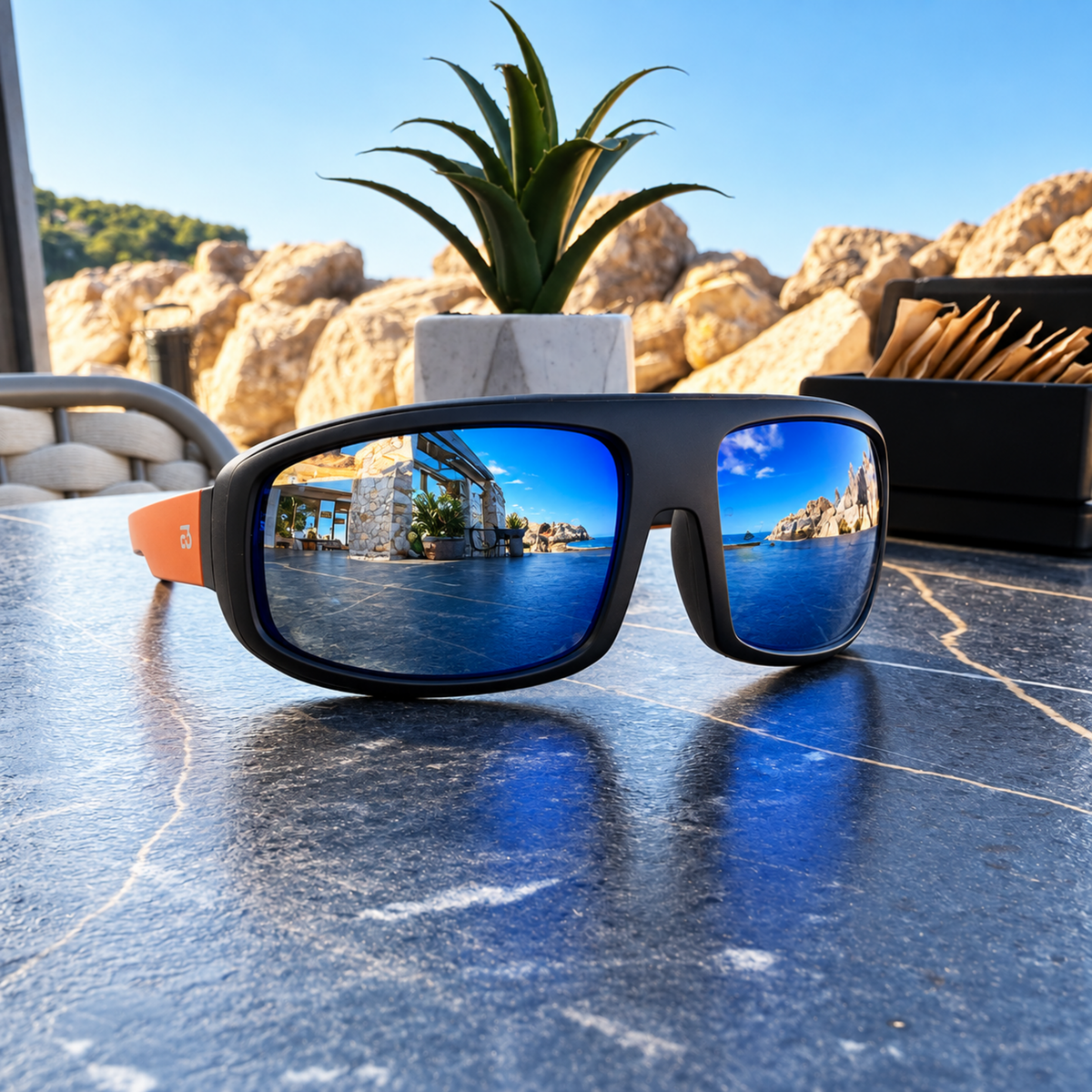 Black wrap-around sunglasses with mirrored blue lenses resting on a dark stone table, with a rocky beach and blue sky reflected in the lenses. An orange temple arm is visible on the left, and a small potted plant sits behind the sunglasses.