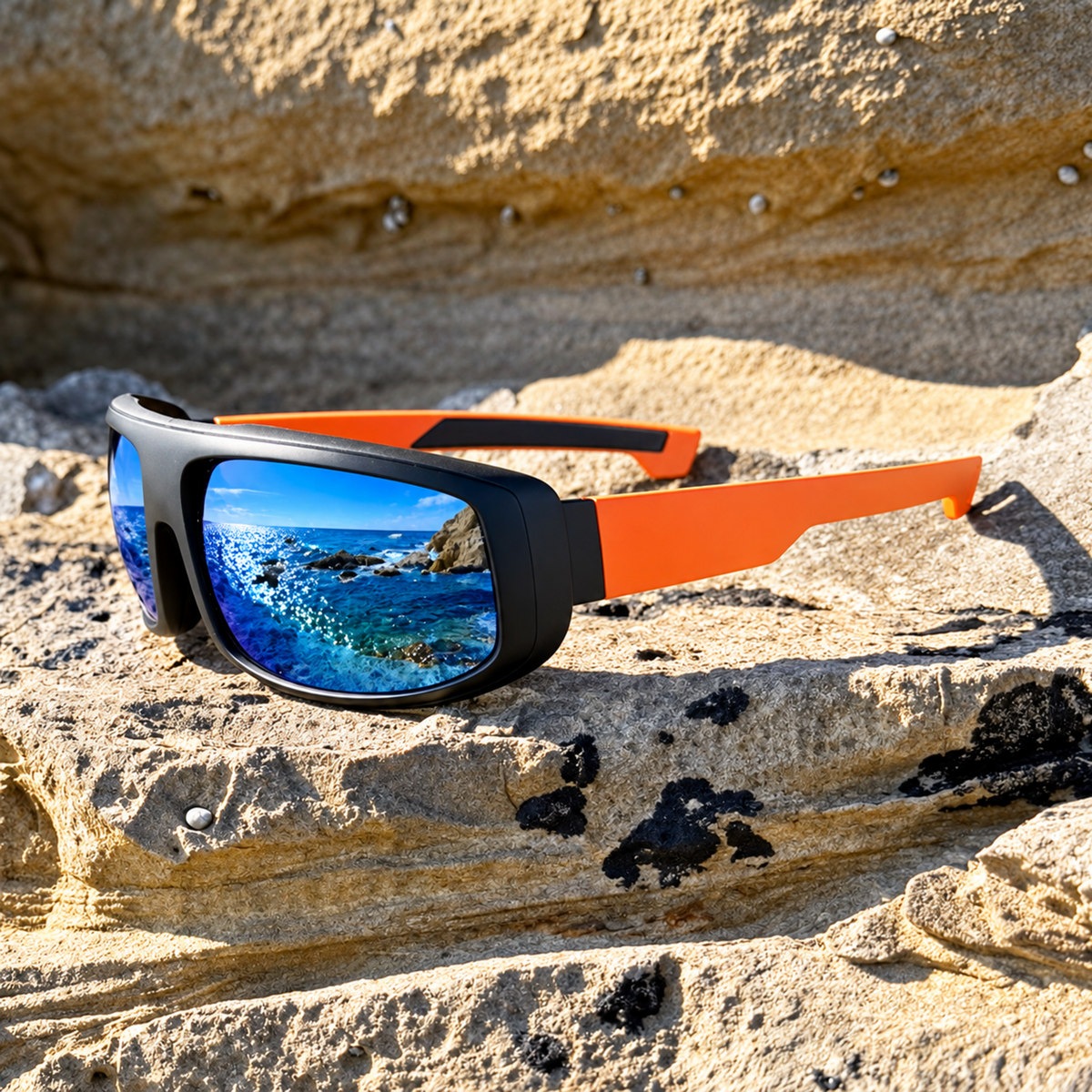 Sport sunglasses with a black frame and bright orange arms, resting on a sandy rock with a blue ocean scene reflected in the mirrored lenses.