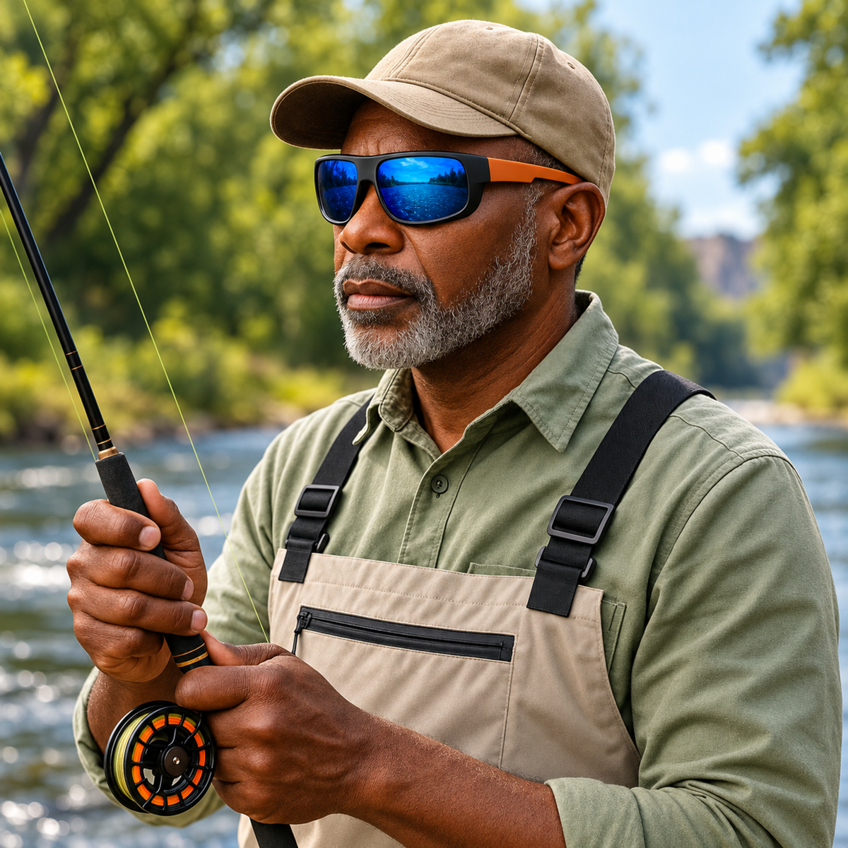 A man wearing a beige cap, blue mirrored sunglasses, an olive green shirt, and beige fly-fishing waders stands by a river holding a fly fishing rod.