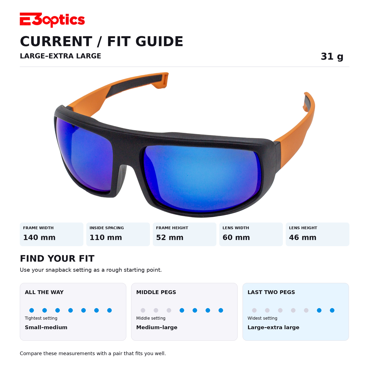 E3optics fit guide for large-extra-large sunglasses, showing a pair of black and orange sport sunglasses with blue mirrored lenses, along with measurements and fitting instructions.