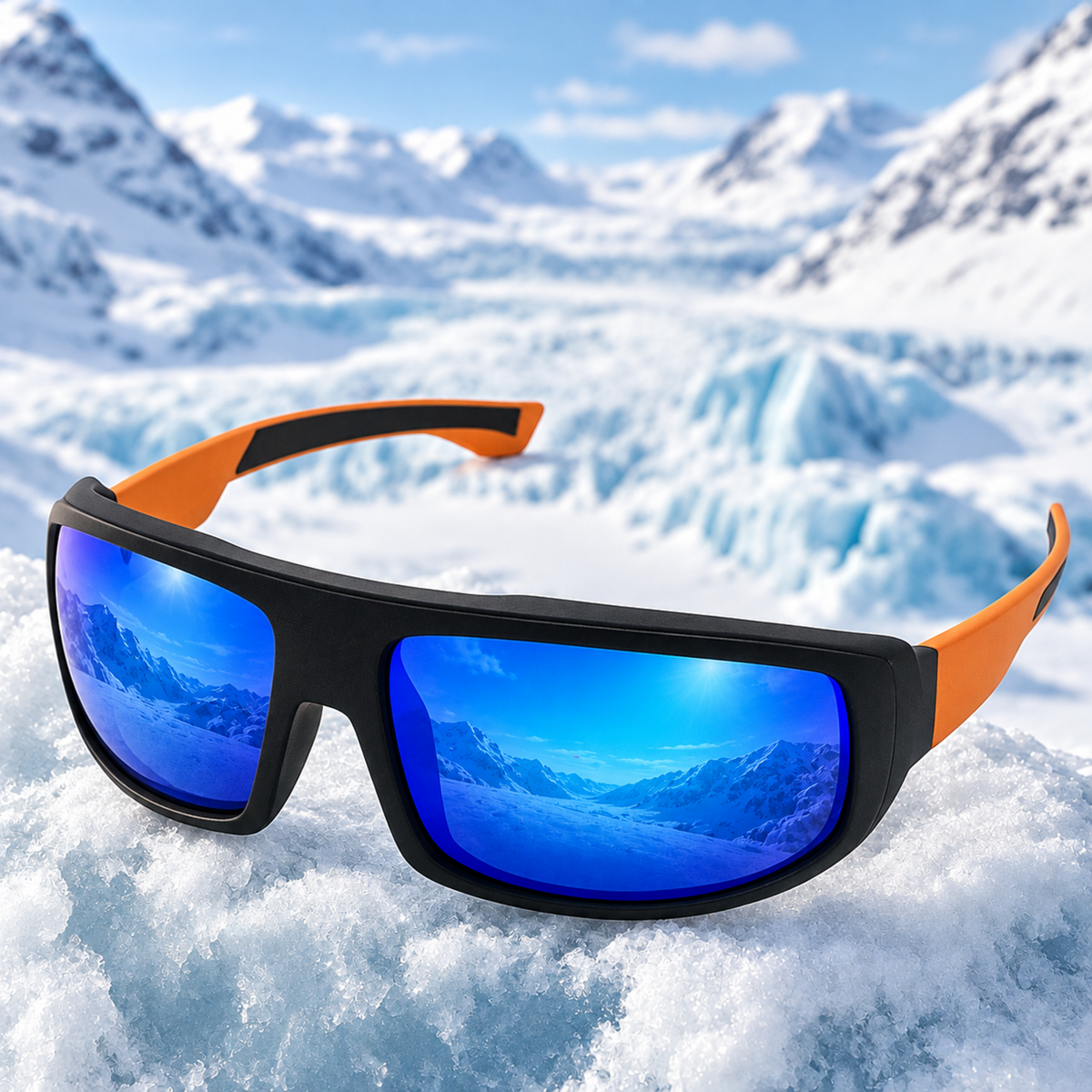 Sport sunglasses with a black frame, bright orange arms, and reflective blue lenses, resting on snow with a blurred mountain landscape in the background.