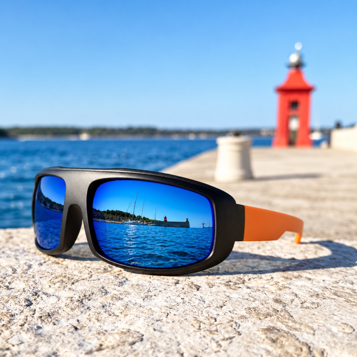 Black wrap-around sunglasses with orange temple arms and blue mirrored lenses, resting on a stone pier with a lighthouse and water in the background.