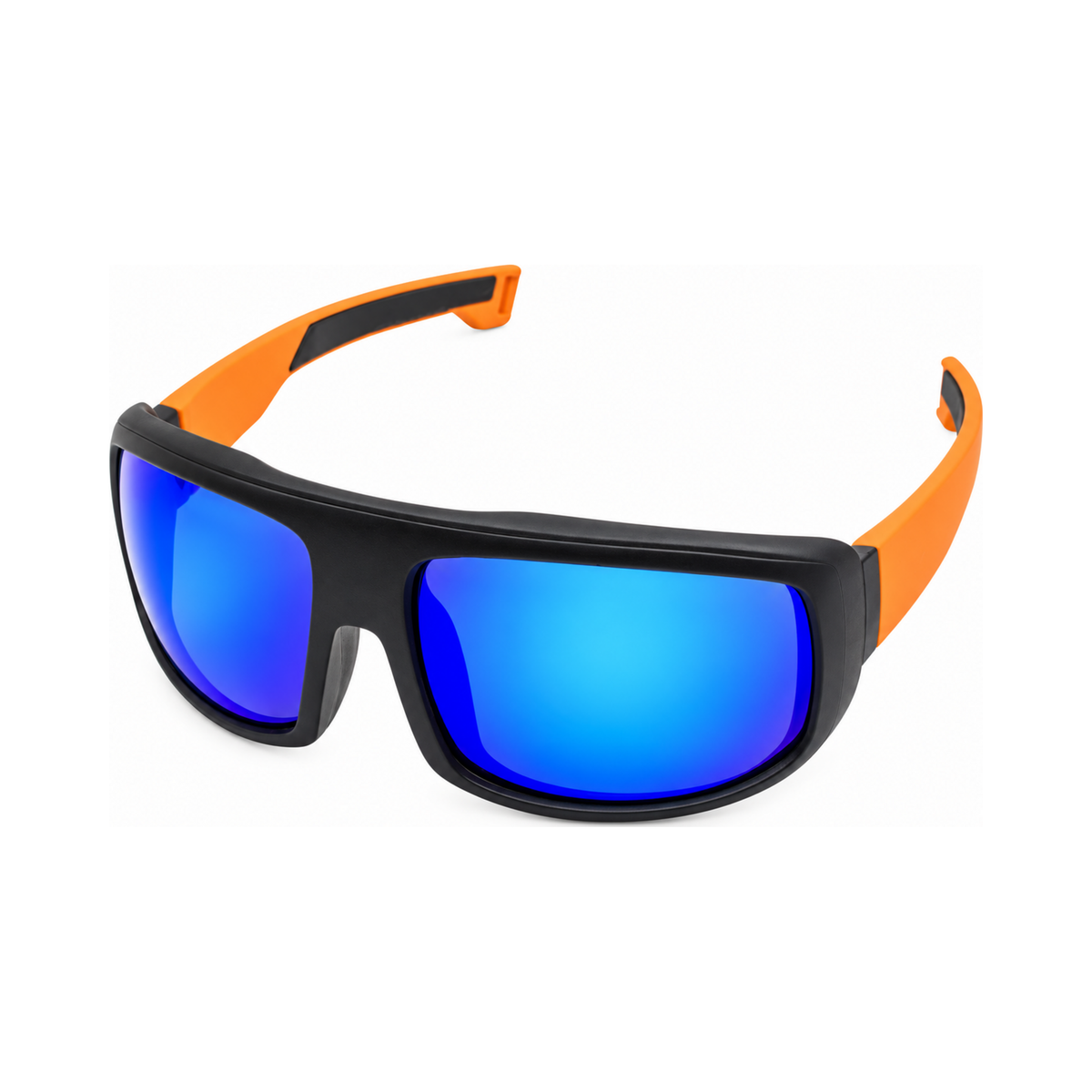 Sport sunglasses with a black frame, bright orange arms, and mirrored blue lenses, shown on a plain white background.