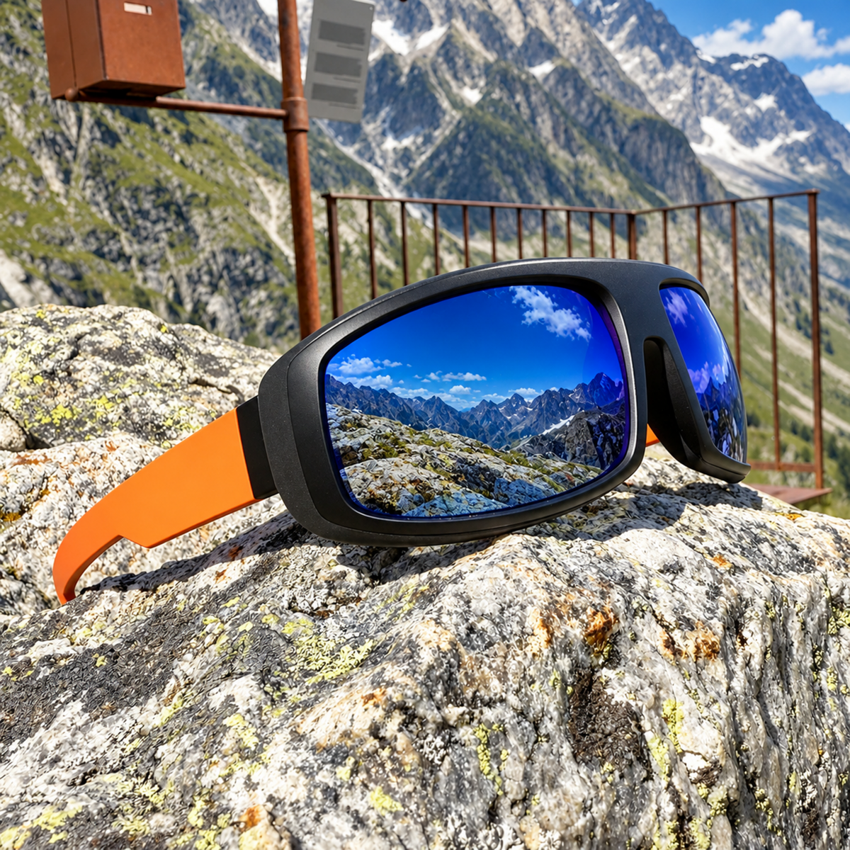 Black wrap-around sunglasses with bright orange arms resting on a rocky mountain ledge, with a mountain landscape and metal railing in the background.