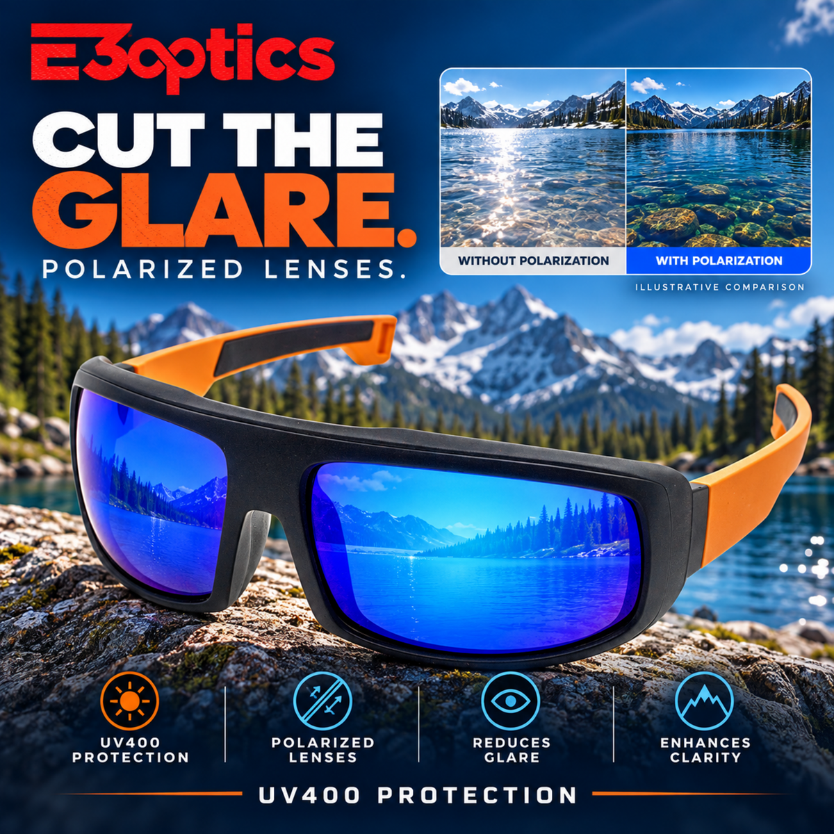 E3optics polarized sunglasses with black frames and bright orange arms, shown resting on a rock in front of a mountain lake background. The image includes marketing text reading 'CUT THE GLARE.