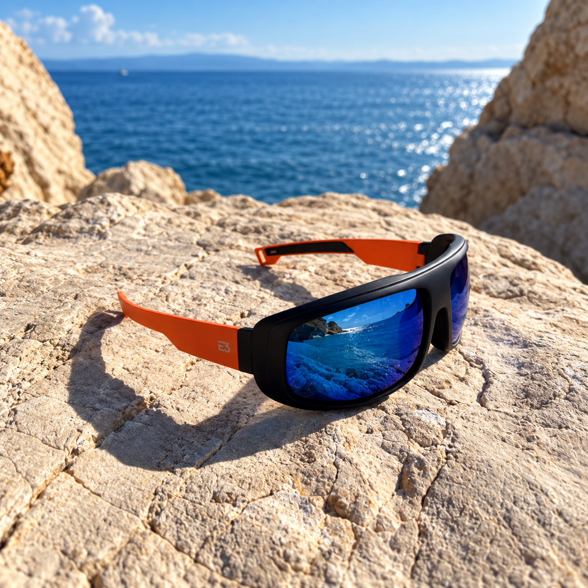 Sport sunglasses with a black frame and bright orange arms, resting on a sunlit rocky cliff with the blue sea and sky in the background.