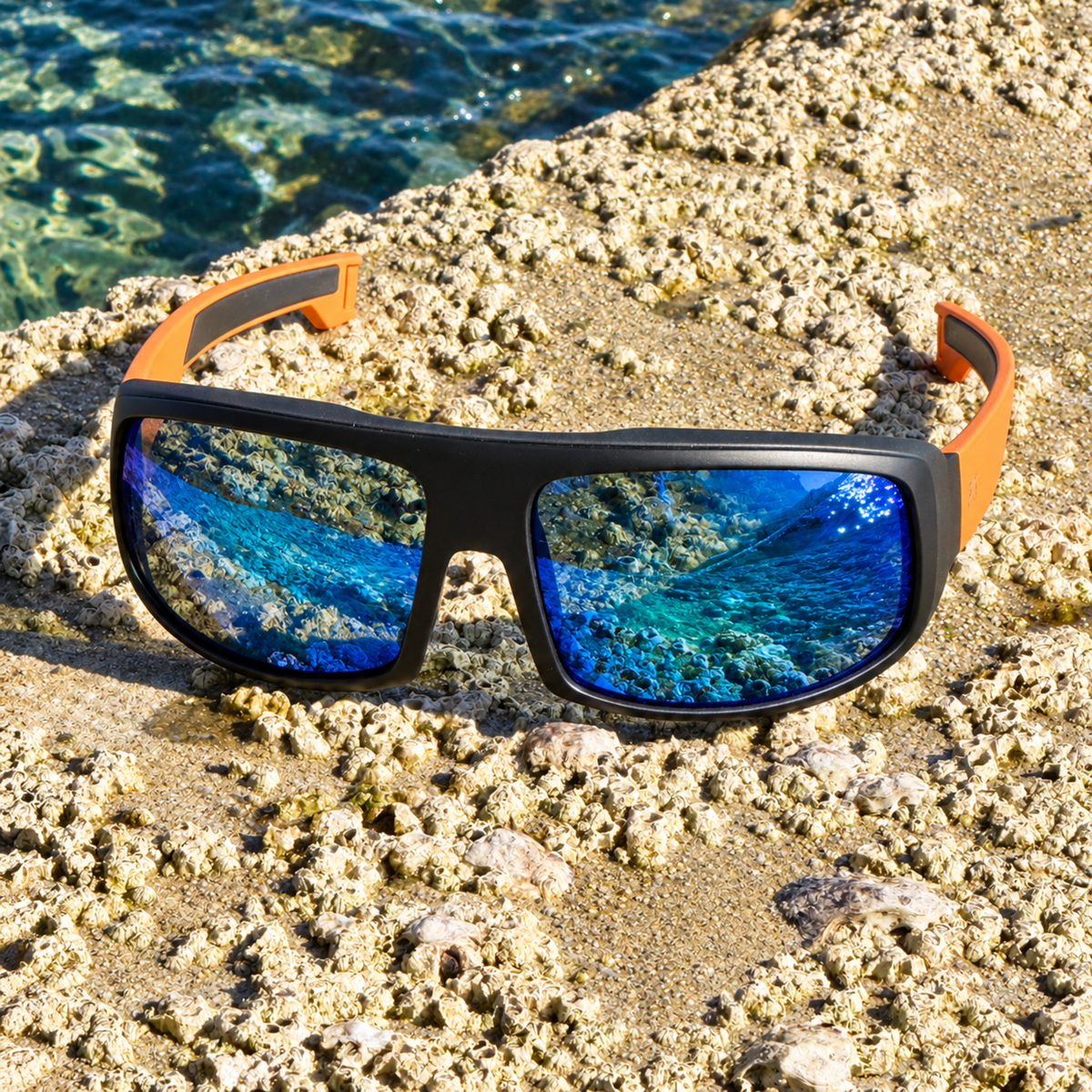 A pair of sporty sunglasses with a thick black frame, orange arms, and vibrant blue mirrored lenses, resting on a rocky beach with the ocean water in the background.