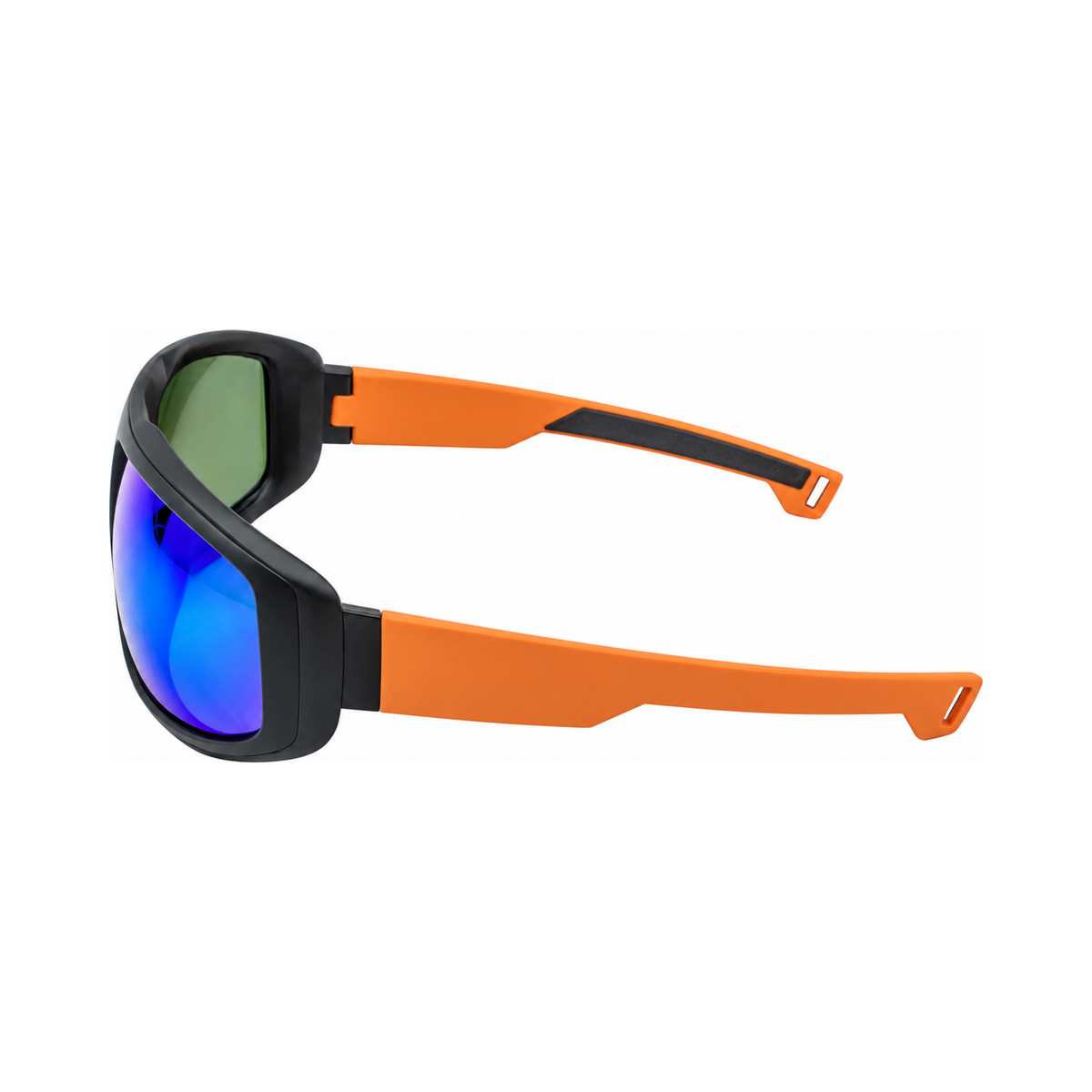 Sport sunglasses with a black and bright orange frame, featuring mirrored blue and purple lenses and green-tinted upper lenses, shown on a plain white background.