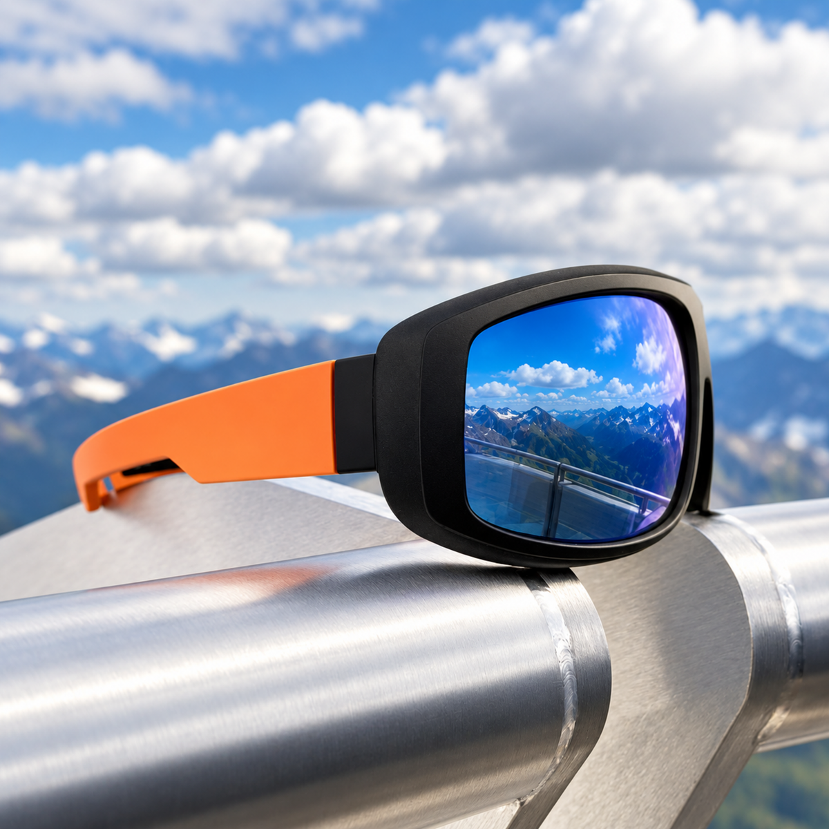A pair of sport sunglasses with a black frame, bright orange temple arm, and reflective blue lenses, resting on a metallic railing with a mountain landscape under a cloudy blue sky in the background.
