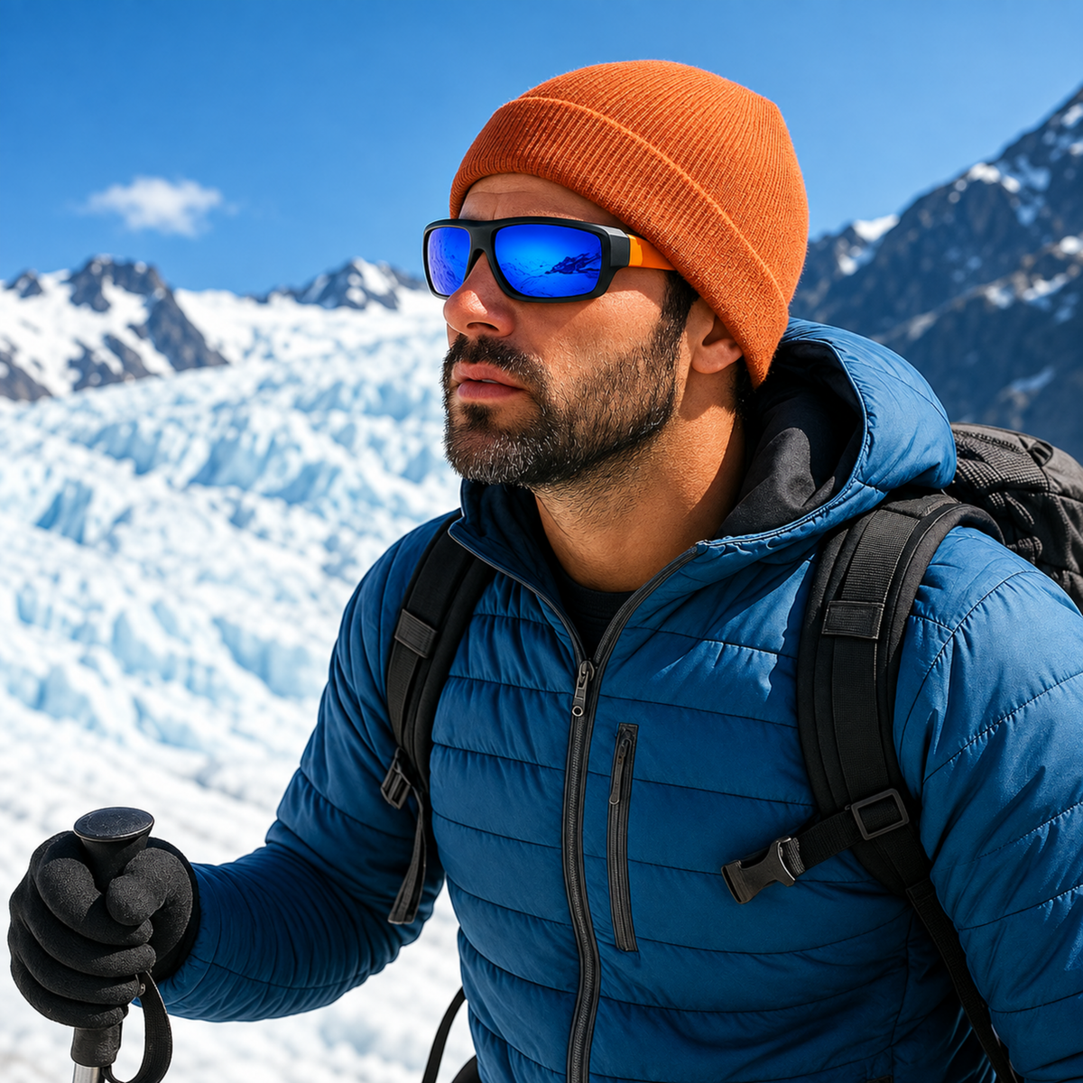 A man wearing a blue puffer jacket, orange beanie, and blue mirrored sunglasses hikes in a snowy mountain landscape.