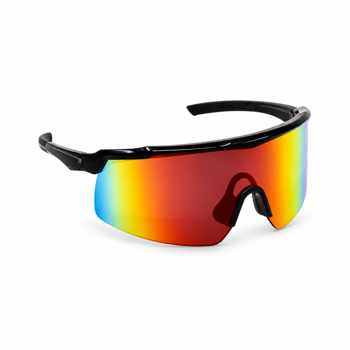 Shield-style sports sunglasses with a black frame and a large mirrored shield lens showing a blue-to-red gradient, photographed on a clean white background.