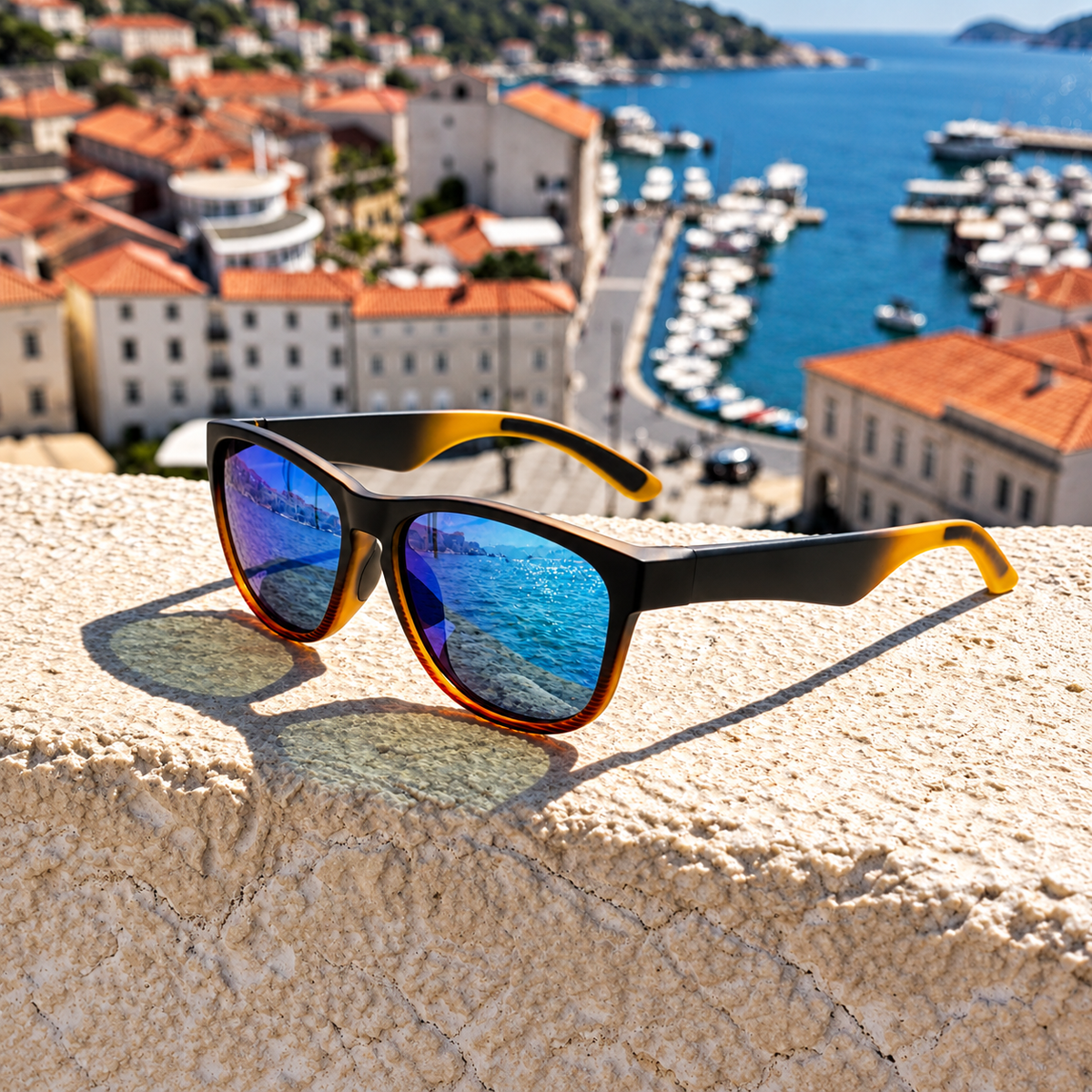 A pair of sunglasses with black and amber tortoiseshell frames and mirrored blue-purple lenses rests on a textured stone ledge, with a scenic coastal city and harbor in the background.