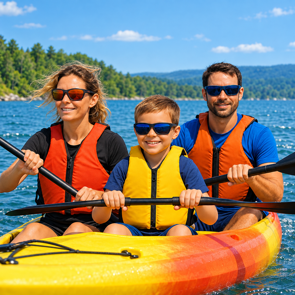A family of three enjoys a sunny day on the water in a yellow and orange kayak, wearing bright orange and yellow life vests and sunglasses.