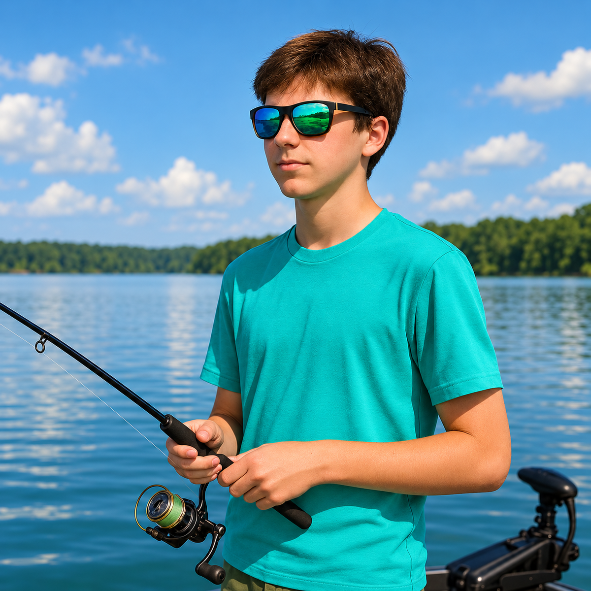 A young man wearing a bright teal t-shirt and mirrored sunglasses is holding a fishing rod on a boat with a lake and trees in the background.