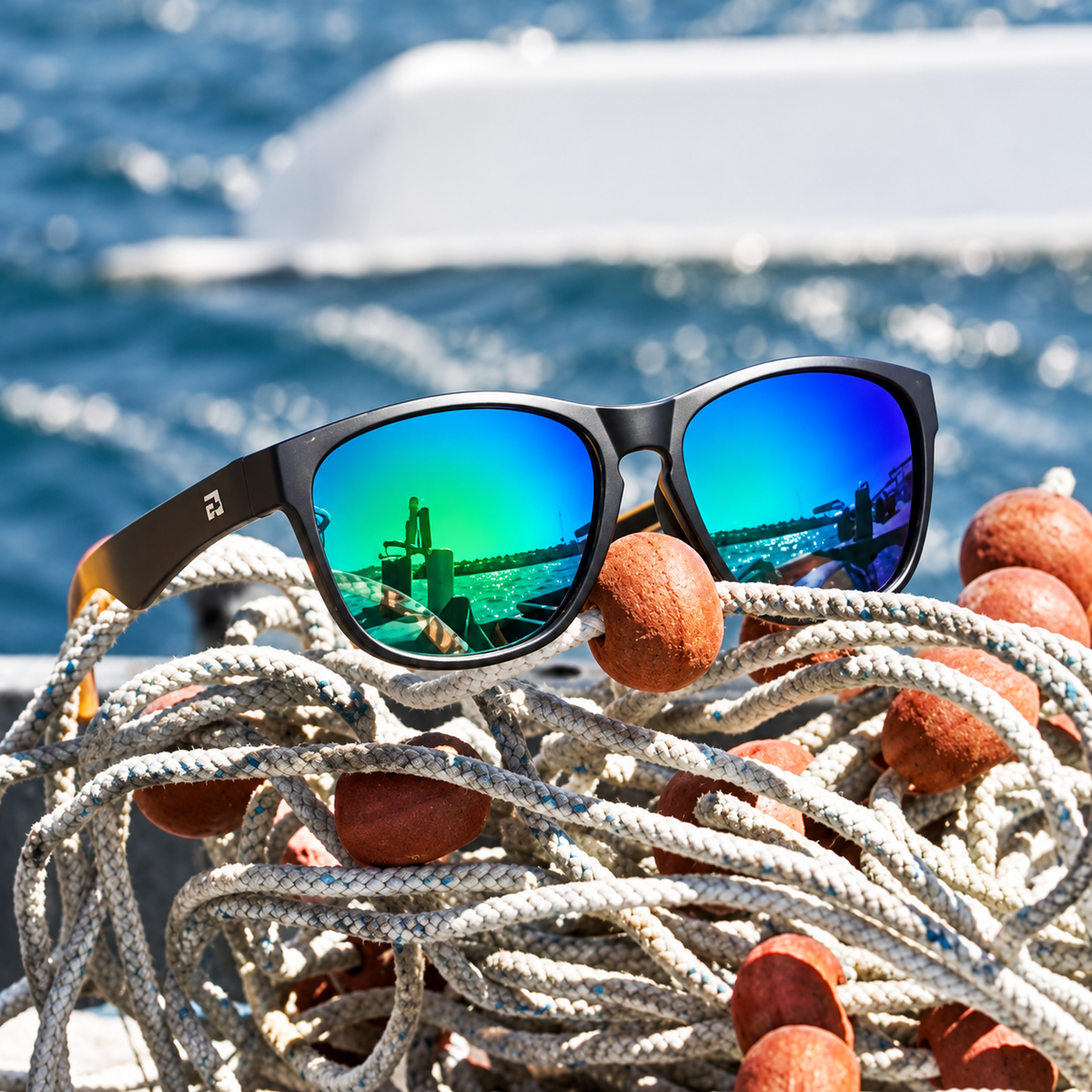 Black sunglasses with mirrored blue-to-green reflective lenses resting on a coiled white rope with red fenders, with a boat and blue water in the background.