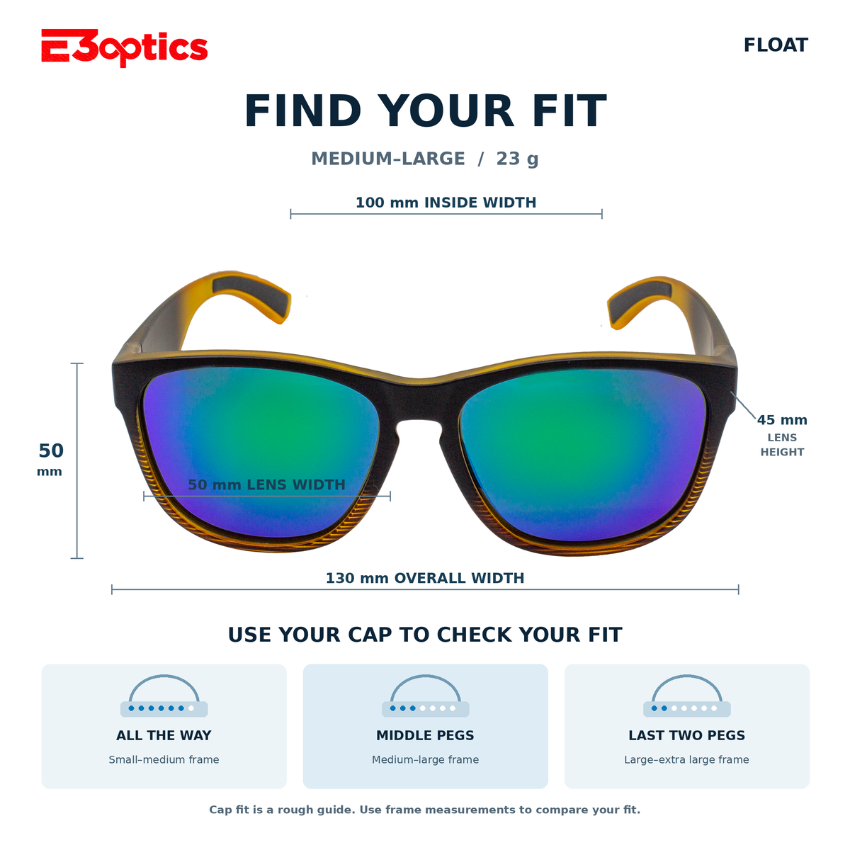 E3optics FLOAT sunglasses fit guide showing a pair of sunglasses with measurement callouts for inside width, lens width, lens height, and overall width, plus fit peg instructions on a white background.