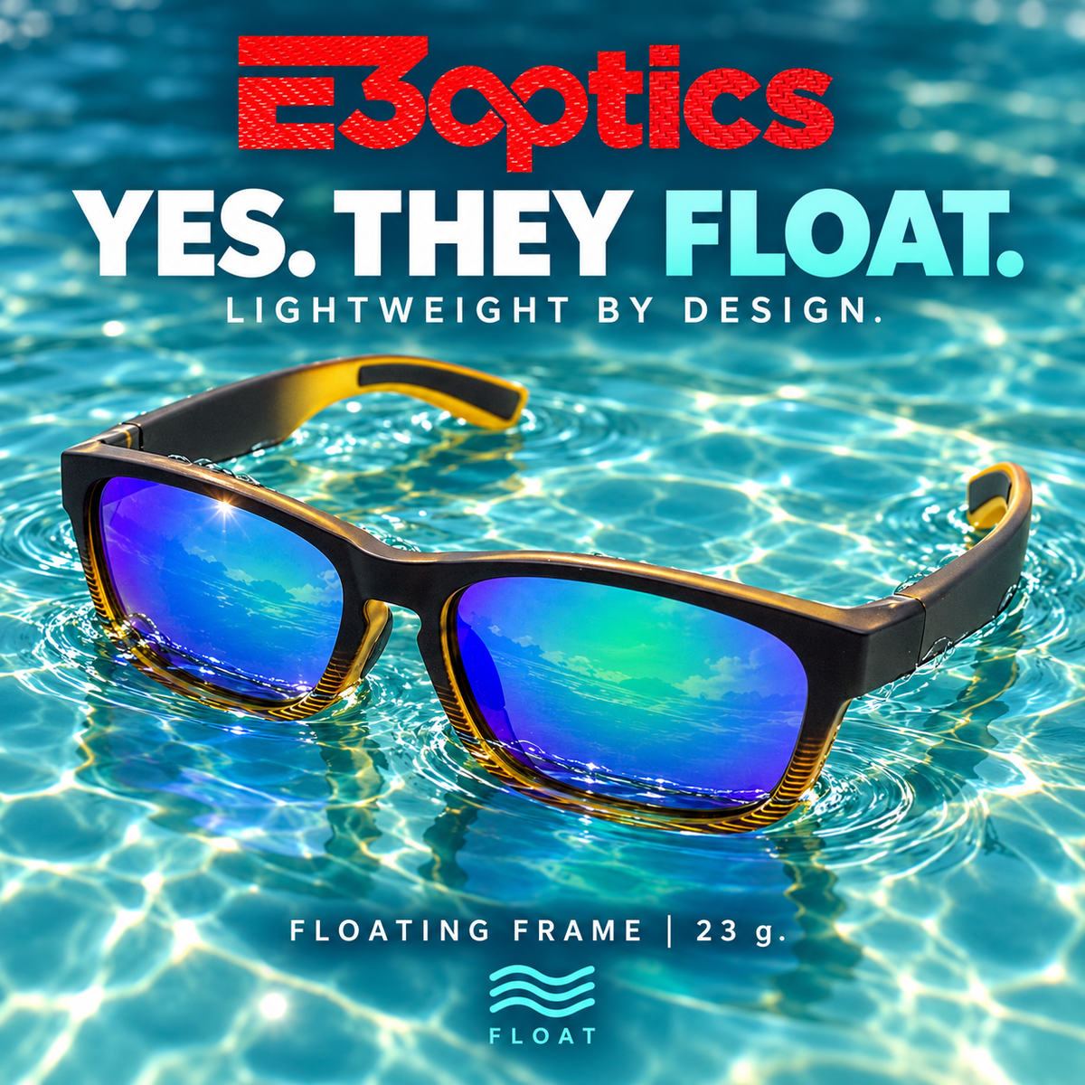 E3optics swim sunglasses with a black and gold frame and blue mirrored lenses, floating on rippling blue water with promotional text 'YES. THEY FLOAT.