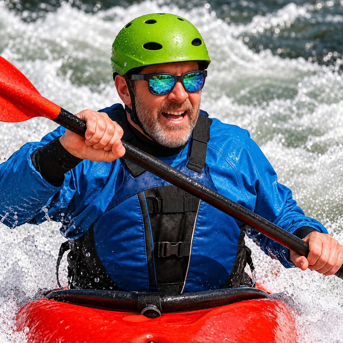 A man wearing a bright green helmet, mirrored sunglasses, a blue waterproof jacket, and a black life vest is actively paddling in a red kayak on white water.