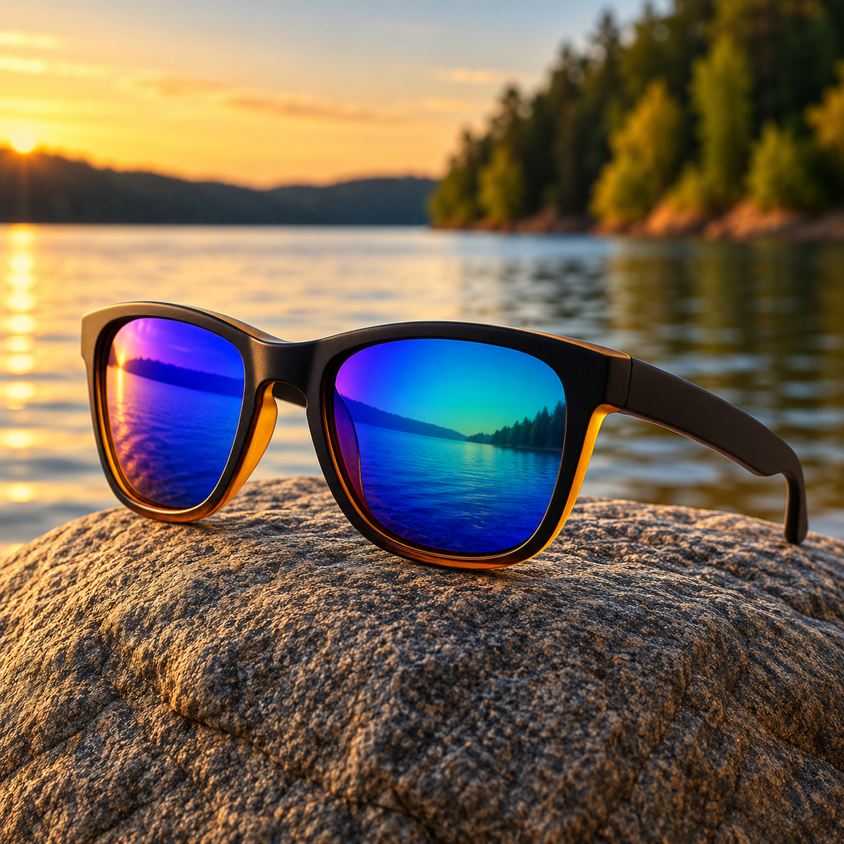 Black sunglasses with vibrant blue mirrored lenses resting on a large rock, with a scenic lake and forest at sunset in the background.