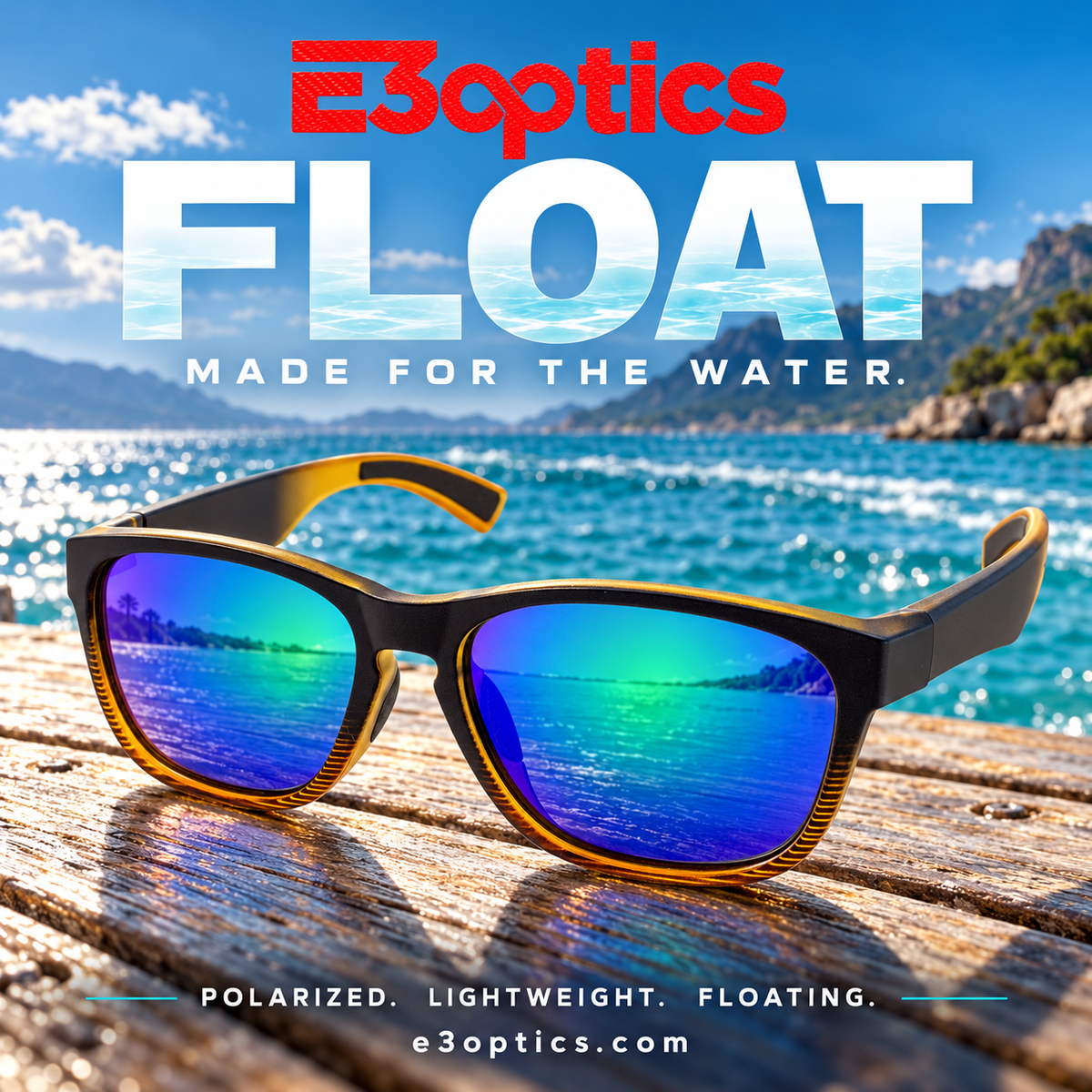 e3optics FLOAT sunglasses with a black and amber frame and mirrored blue-green lenses, resting on a wooden dock with a sunny ocean background. Bold text at the top reads 'e3optics FLOAT MADE FOR THE WATER.