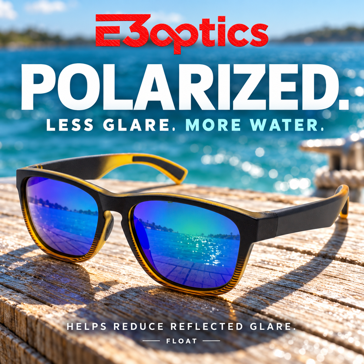 E3 Float sunglasses beside the water with messaging about polarized lenses helping reduce reflected glare.